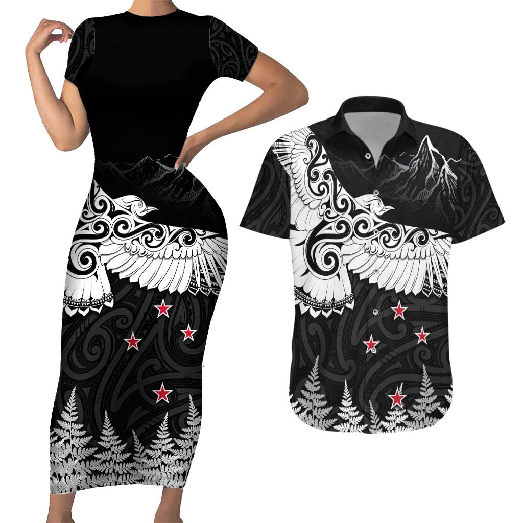 New Zealand Kea Bird Couples Matching Short Sleeve Bodycon Dress and Hawaiian Shirt Maori Tattoo and Silver Fern Black Color LT03 Black - Polynesian Pride