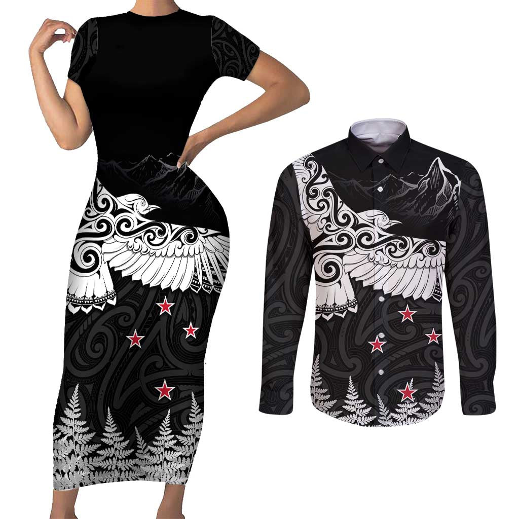 New Zealand Kea Bird Couples Matching Short Sleeve Bodycon Dress and Long Sleeve Button Shirt Maori Tattoo and Silver Fern Black Color LT03 Black - Polynesian Pride
