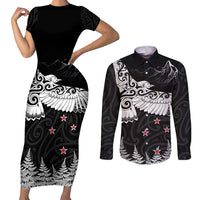 New Zealand Kea Bird Couples Matching Short Sleeve Bodycon Dress and Long Sleeve Button Shirt Maori Tattoo and Silver Fern Black Color LT03 Black - Polynesian Pride