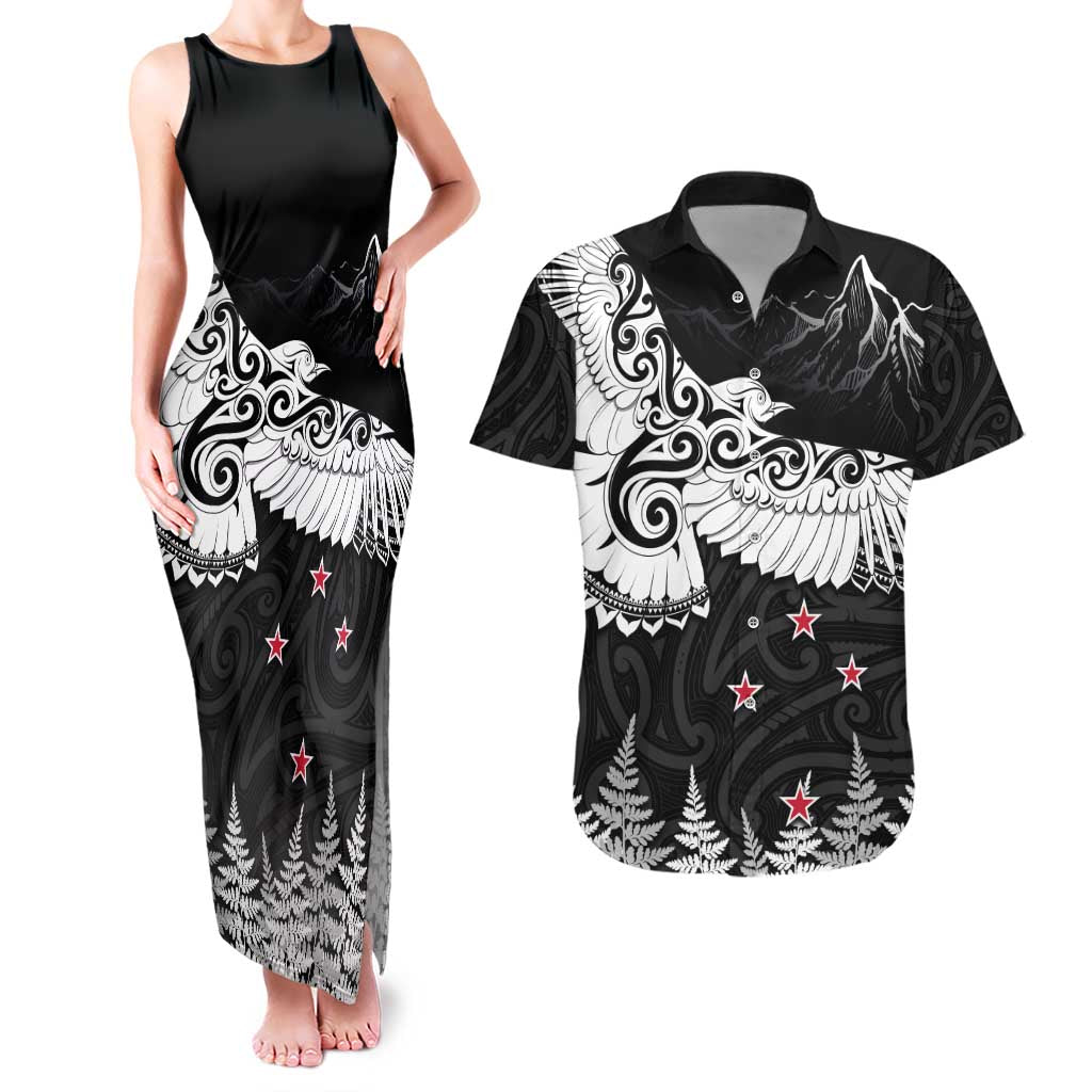 New Zealand Kea Bird Couples Matching Tank Maxi Dress and Hawaiian Shirt Maori Tattoo and Silver Fern Black Color LT03 Black - Polynesian Pride