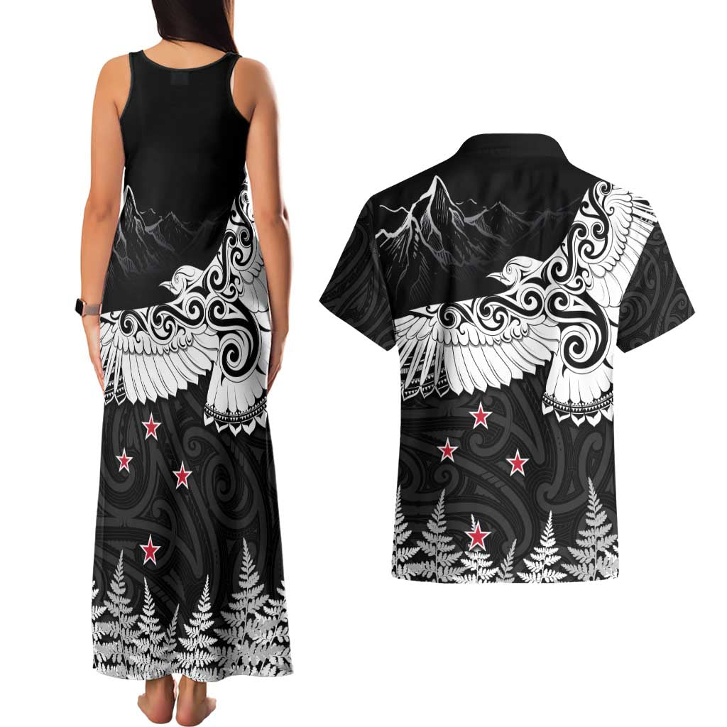 New Zealand Kea Bird Couples Matching Tank Maxi Dress and Hawaiian Shirt Maori Tattoo and Silver Fern Black Color LT03 - Polynesian Pride