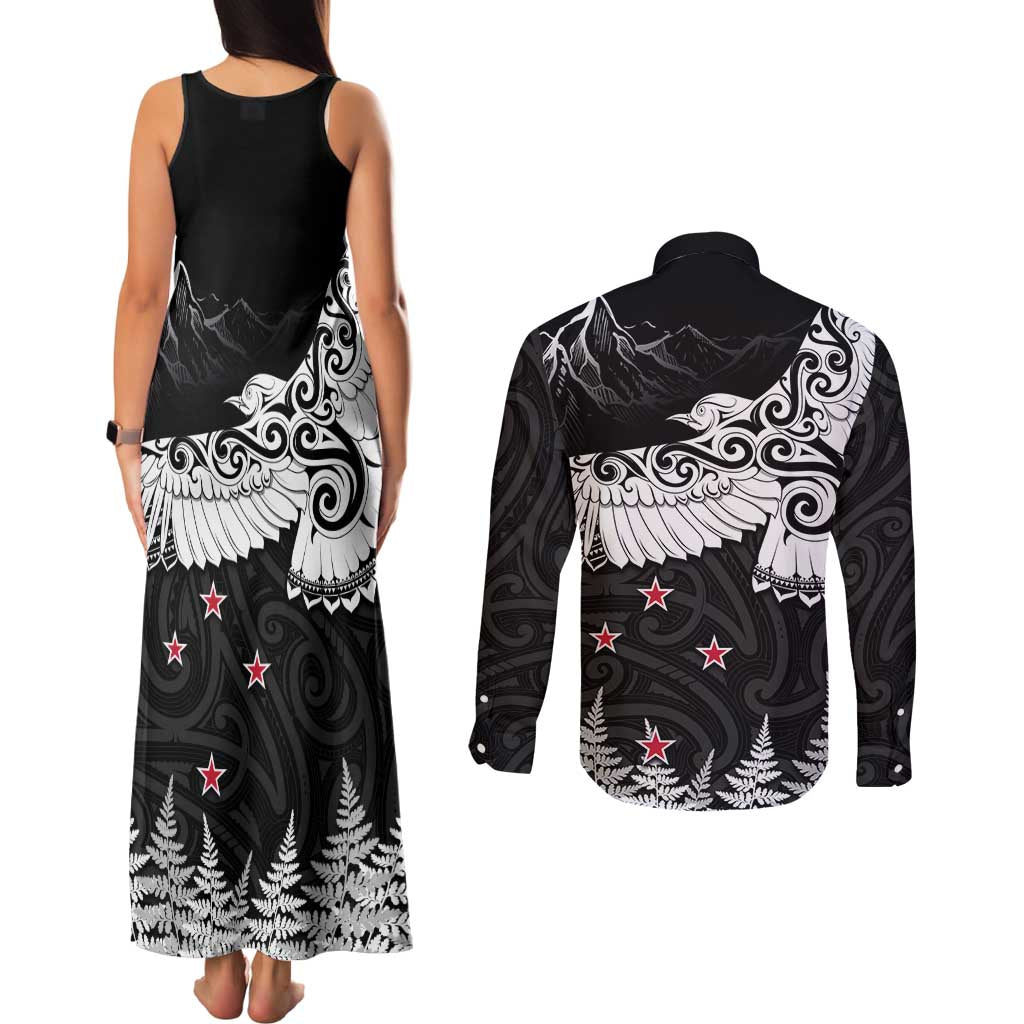New Zealand Kea Bird Couples Matching Tank Maxi Dress and Long Sleeve Button Shirt Maori Tattoo and Silver Fern Black Color LT03 - Polynesian Pride