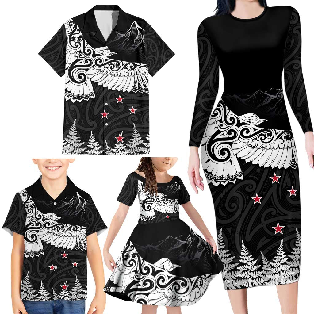 New Zealand Kea Bird Family Matching Long Sleeve Bodycon Dress and Hawaiian Shirt Maori Tattoo and Silver Fern Black Color LT03 - Polynesian Pride