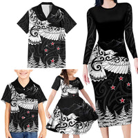 New Zealand Kea Bird Family Matching Long Sleeve Bodycon Dress and Hawaiian Shirt Maori Tattoo and Silver Fern Black Color LT03 - Polynesian Pride