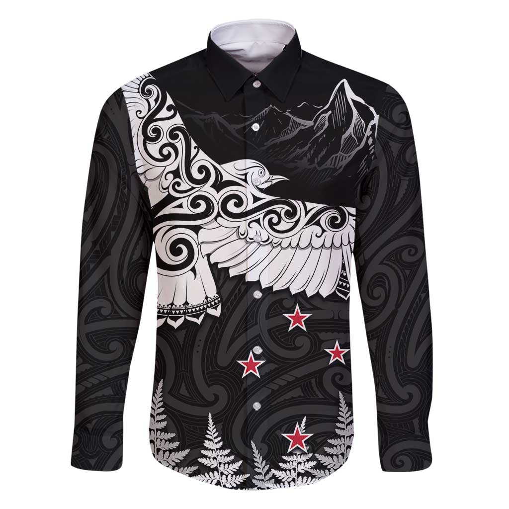 New Zealand Kea Bird Family Matching Long Sleeve Bodycon Dress and Hawaiian Shirt Maori Tattoo and Silver Fern Black Color LT03 Dad's Shirt - Long Sleeve Black - Polynesian Pride