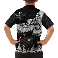 New Zealand Kea Bird Family Matching Off The Shoulder Long Sleeve Dress and Hawaiian Shirt Maori Tattoo and Silver Fern Black Color LT03 - Polynesian Pride