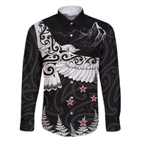 New Zealand Kea Bird Family Matching Off The Shoulder Long Sleeve Dress and Hawaiian Shirt Maori Tattoo and Silver Fern Black Color LT03 Dad's Shirt - Long Sleeve Black - Polynesian Pride
