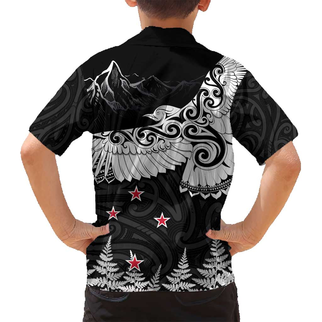 New Zealand Kea Bird Family Matching Off Shoulder Maxi Dress and Hawaiian Shirt Maori Tattoo and Silver Fern Black Color LT03 - Polynesian Pride