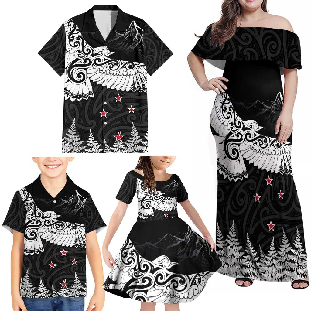 New Zealand Kea Bird Family Matching Off Shoulder Maxi Dress and Hawaiian Shirt Maori Tattoo and Silver Fern Black Color LT03 - Polynesian Pride