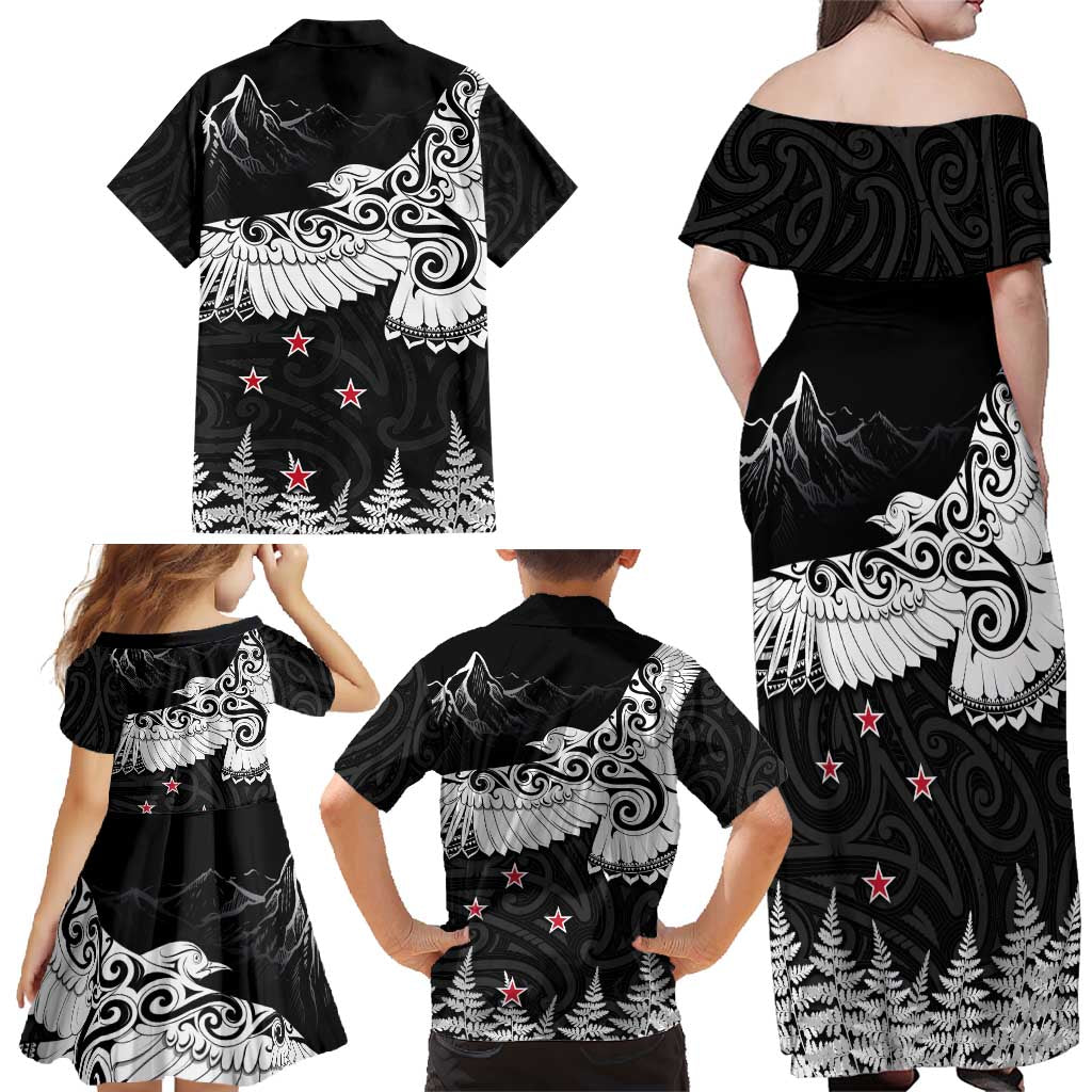 New Zealand Kea Bird Family Matching Off Shoulder Maxi Dress and Hawaiian Shirt Maori Tattoo and Silver Fern Black Color LT03 - Polynesian Pride