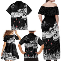 New Zealand Kea Bird Family Matching Off Shoulder Maxi Dress and Hawaiian Shirt Maori Tattoo and Silver Fern Black Color LT03 - Polynesian Pride