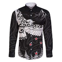 New Zealand Kea Bird Family Matching Off Shoulder Maxi Dress and Hawaiian Shirt Maori Tattoo and Silver Fern Black Color LT03 Dad's Shirt - Long Sleeve Black - Polynesian Pride