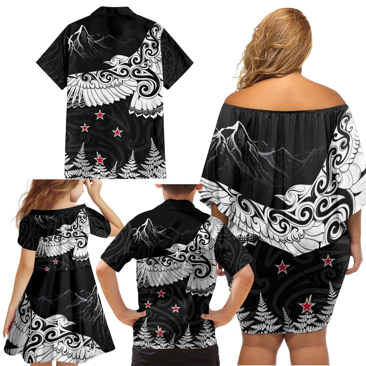 New Zealand Kea Bird Family Matching Off Shoulder Short Dress and Hawaiian Shirt Maori Tattoo and Silver Fern Black Color LT03 - Polynesian Pride