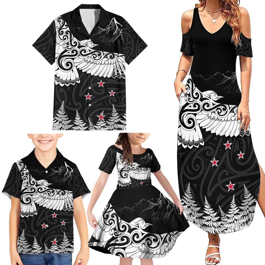 New Zealand Kea Bird Family Matching Summer Maxi Dress and Hawaiian Shirt Maori Tattoo and Silver Fern Black Color LT03 - Polynesian Pride