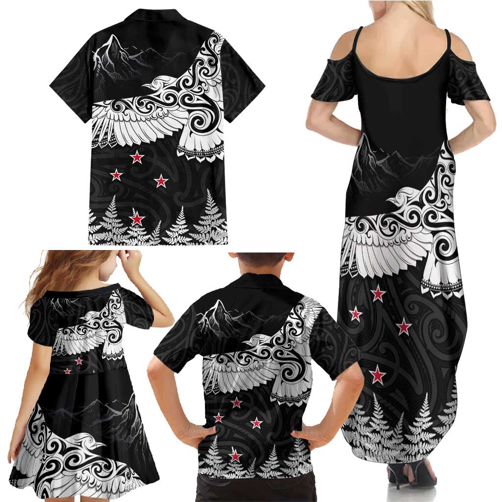 New Zealand Kea Bird Family Matching Summer Maxi Dress and Hawaiian Shirt Maori Tattoo and Silver Fern Black Color LT03 - Polynesian Pride