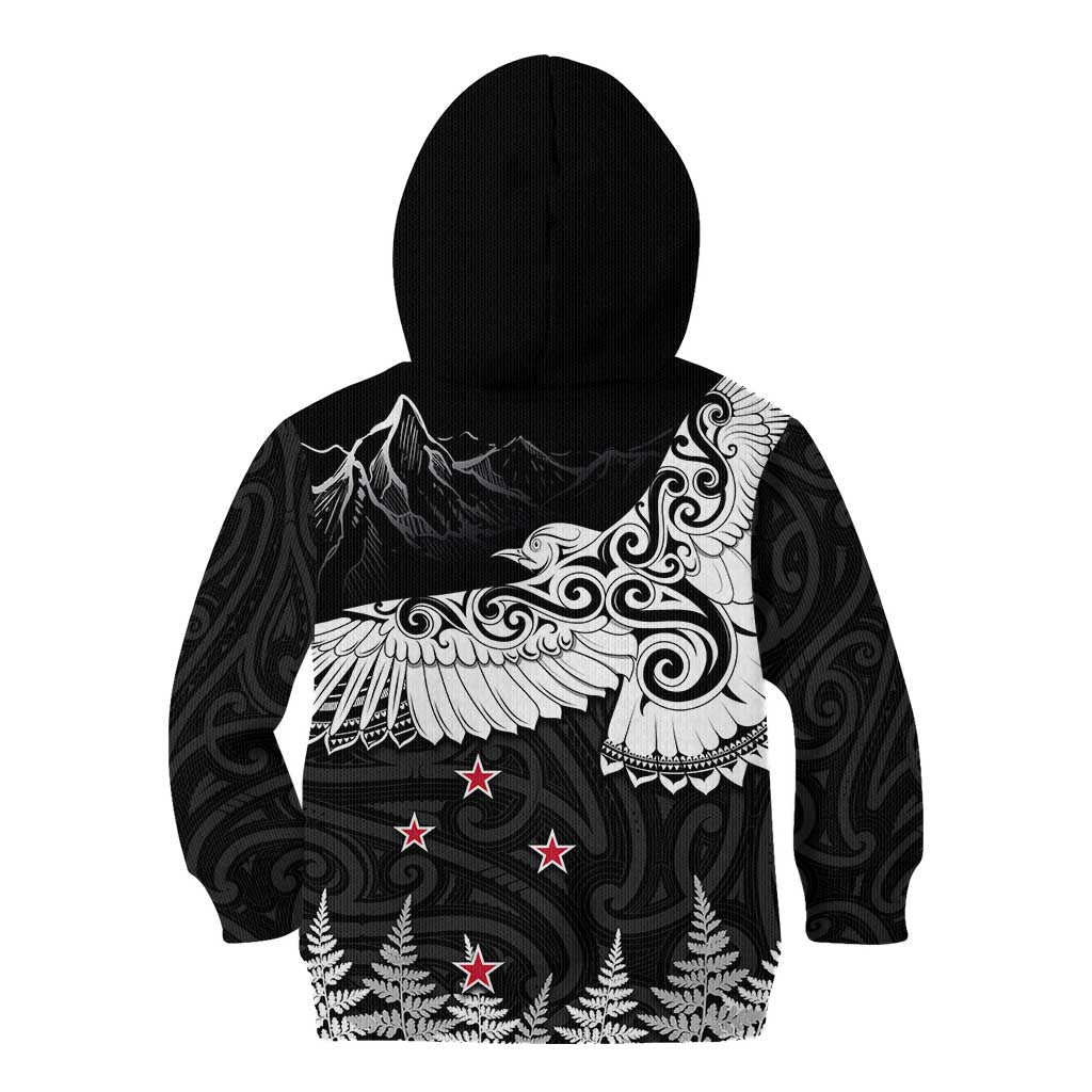 New Zealand Kea Bird Kid Hoodie Maori Tattoo and Silver Fern Black Color LT03 - Polynesian Pride