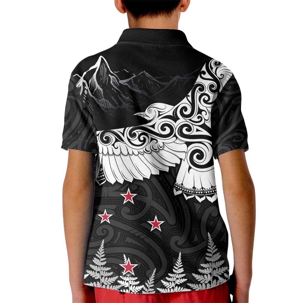 New Zealand Kea Bird Kid Polo Shirt Maori Tattoo and Silver Fern Black Color LT03 - Polynesian Pride