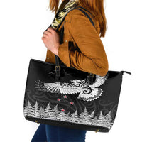 New Zealand Kea Bird Leather Tote Bag Maori Tattoo and Silver Fern Black Color LT03 Black - Polynesian Pride