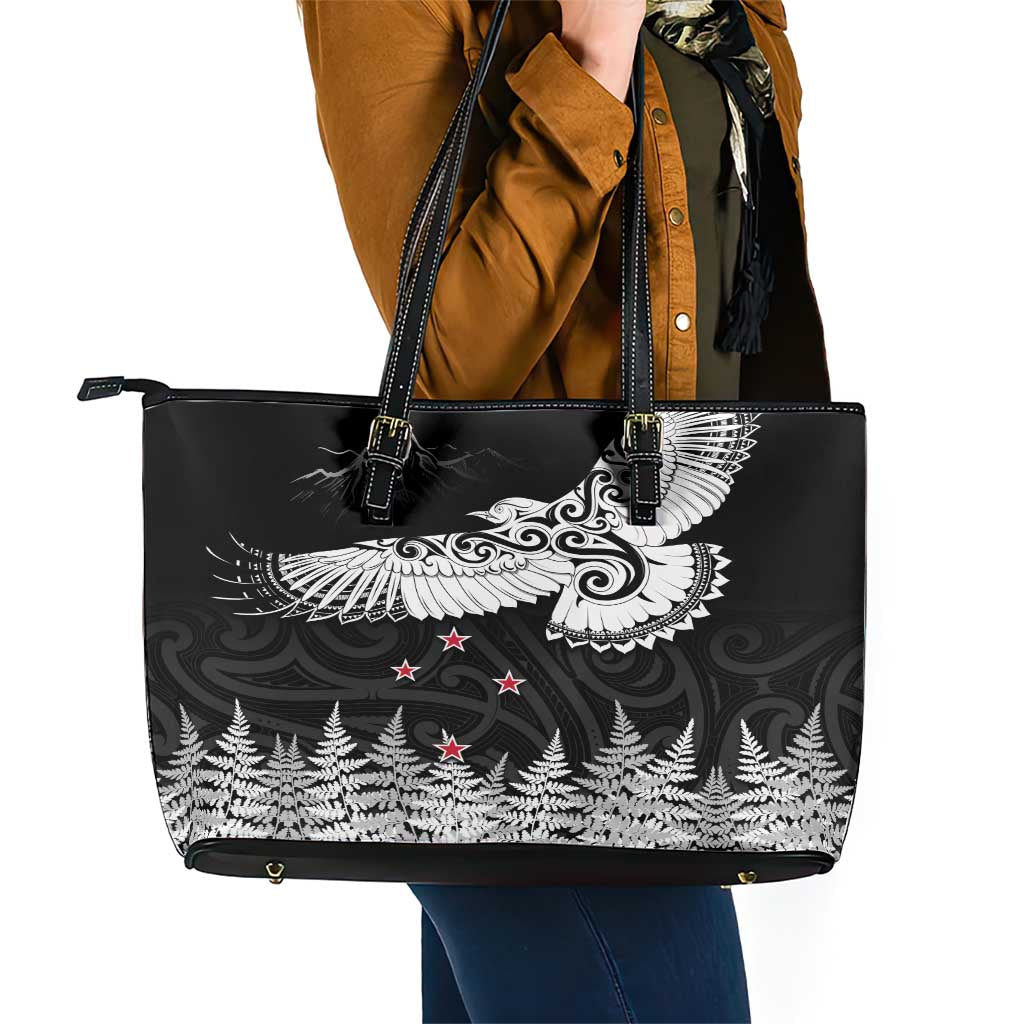 New Zealand Kea Bird Leather Tote Bag Maori Tattoo and Silver Fern Black Color LT03 - Polynesian Pride