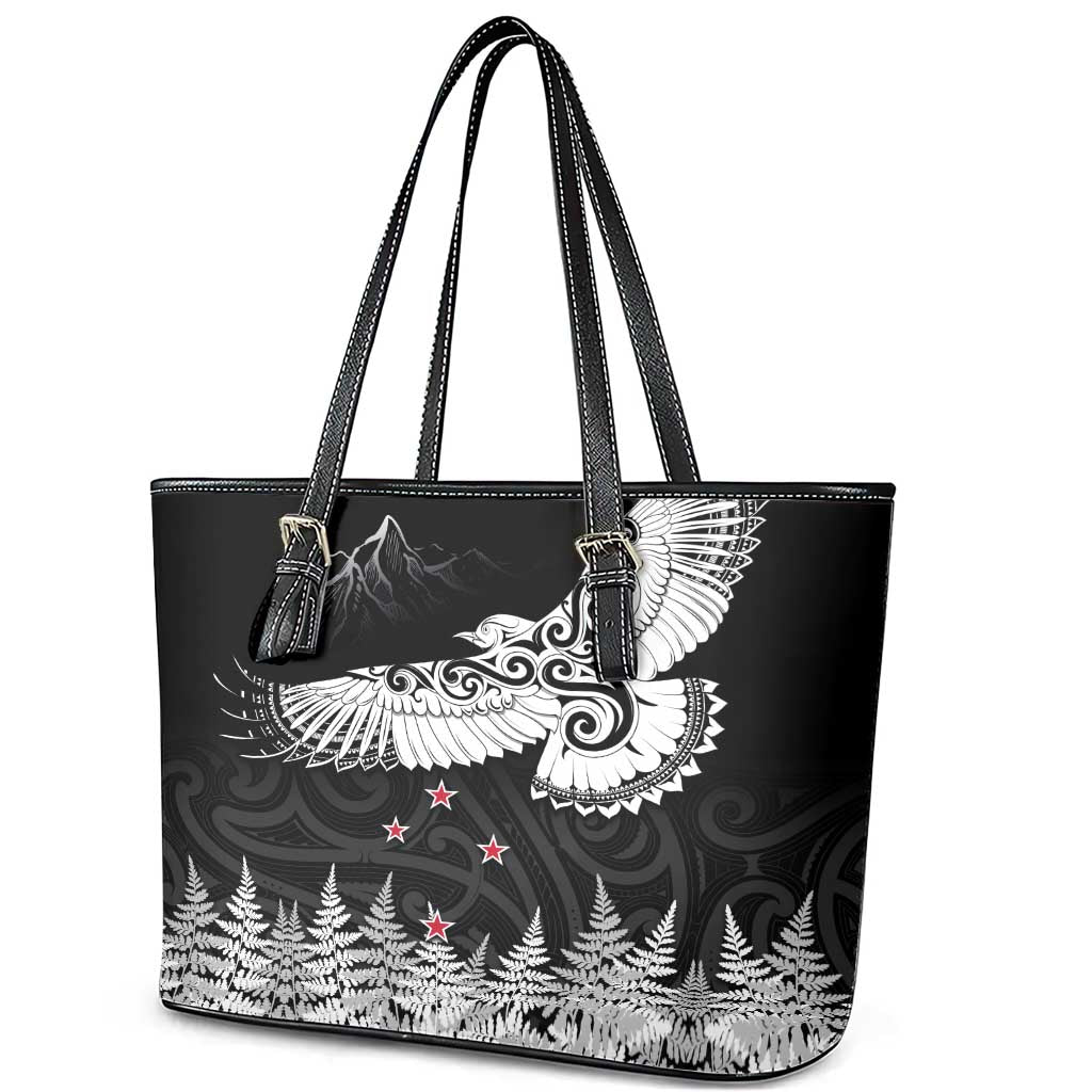 New Zealand Kea Bird Leather Tote Bag Maori Tattoo and Silver Fern Black Color LT03 - Polynesian Pride