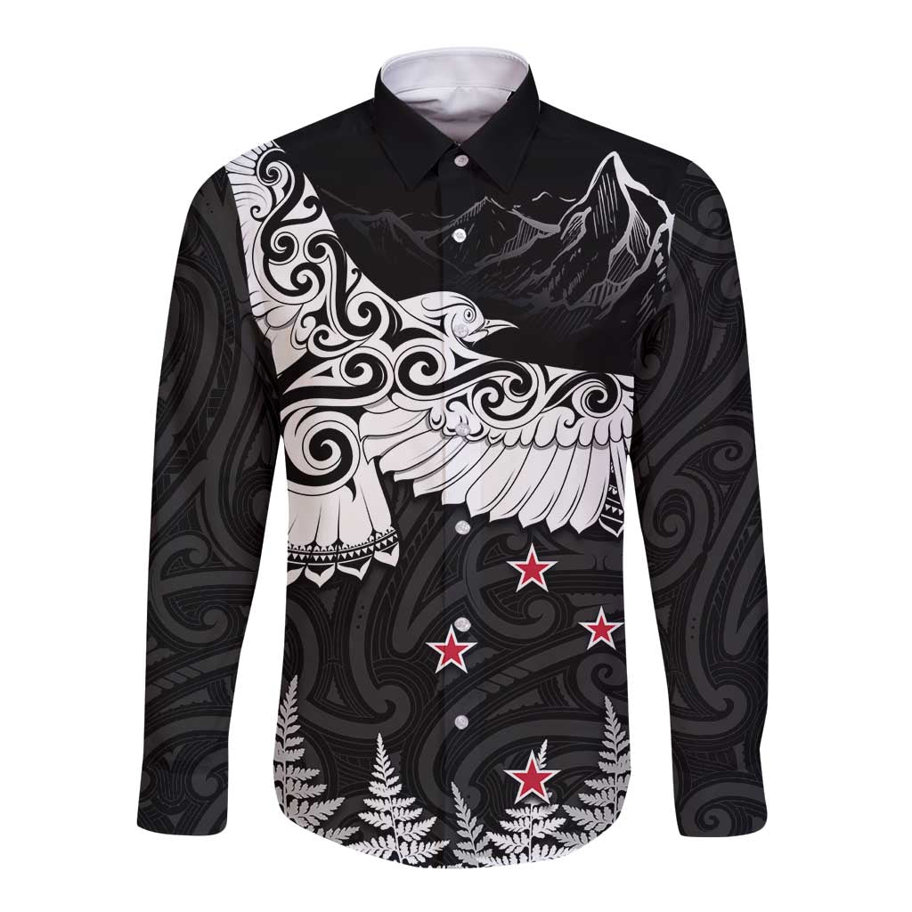 New Zealand Kea Bird Long Sleeve Button Shirt Maori Tattoo and Silver Fern Black Color LT03 Unisex Black - Polynesian Pride