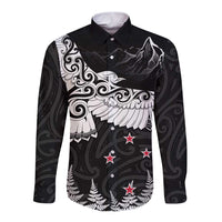 New Zealand Kea Bird Long Sleeve Button Shirt Maori Tattoo and Silver Fern Black Color LT03 Unisex Black - Polynesian Pride
