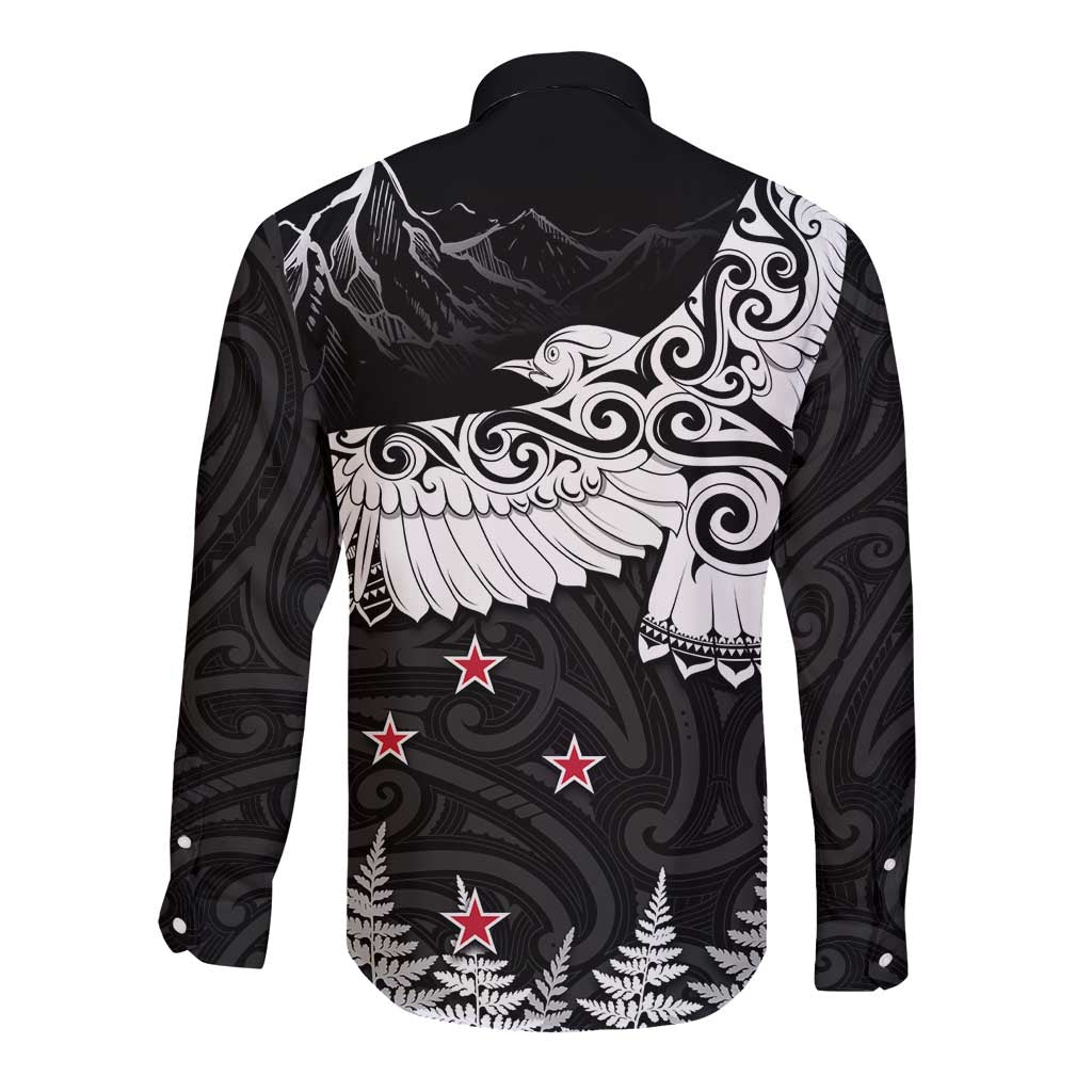 New Zealand Kea Bird Long Sleeve Button Shirt Maori Tattoo and Silver Fern Black Color LT03 - Polynesian Pride