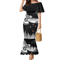 New Zealand Kea Bird Mermaid Dress Maori Tattoo and Silver Fern Black Color LT03 Women Black - Polynesian Pride