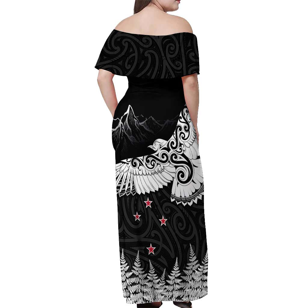 New Zealand Kea Bird Off Shoulder Maxi Dress Maori Tattoo and Silver Fern Black Color LT03 - Polynesian Pride