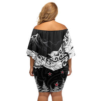 New Zealand Kea Bird Off Shoulder Short Dress Maori Tattoo and Silver Fern Black Color LT03 - Polynesian Pride