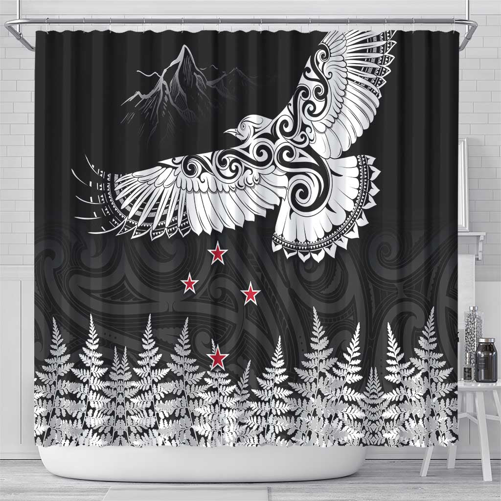 New Zealand Kea Bird Shower Curtain Maori Tattoo and Silver Fern Black Color LT03 - Polynesian Pride