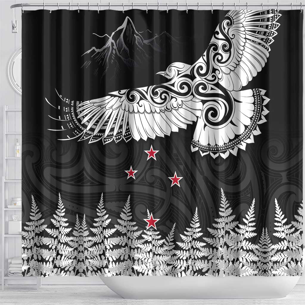 New Zealand Kea Bird Shower Curtain Maori Tattoo and Silver Fern Black Color LT03 - Polynesian Pride