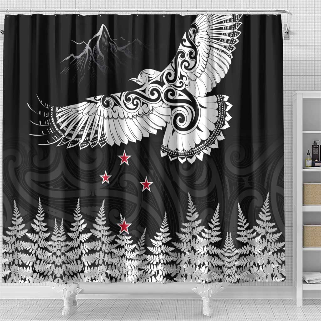 New Zealand Kea Bird Shower Curtain Maori Tattoo and Silver Fern Black Color LT03 - Polynesian Pride