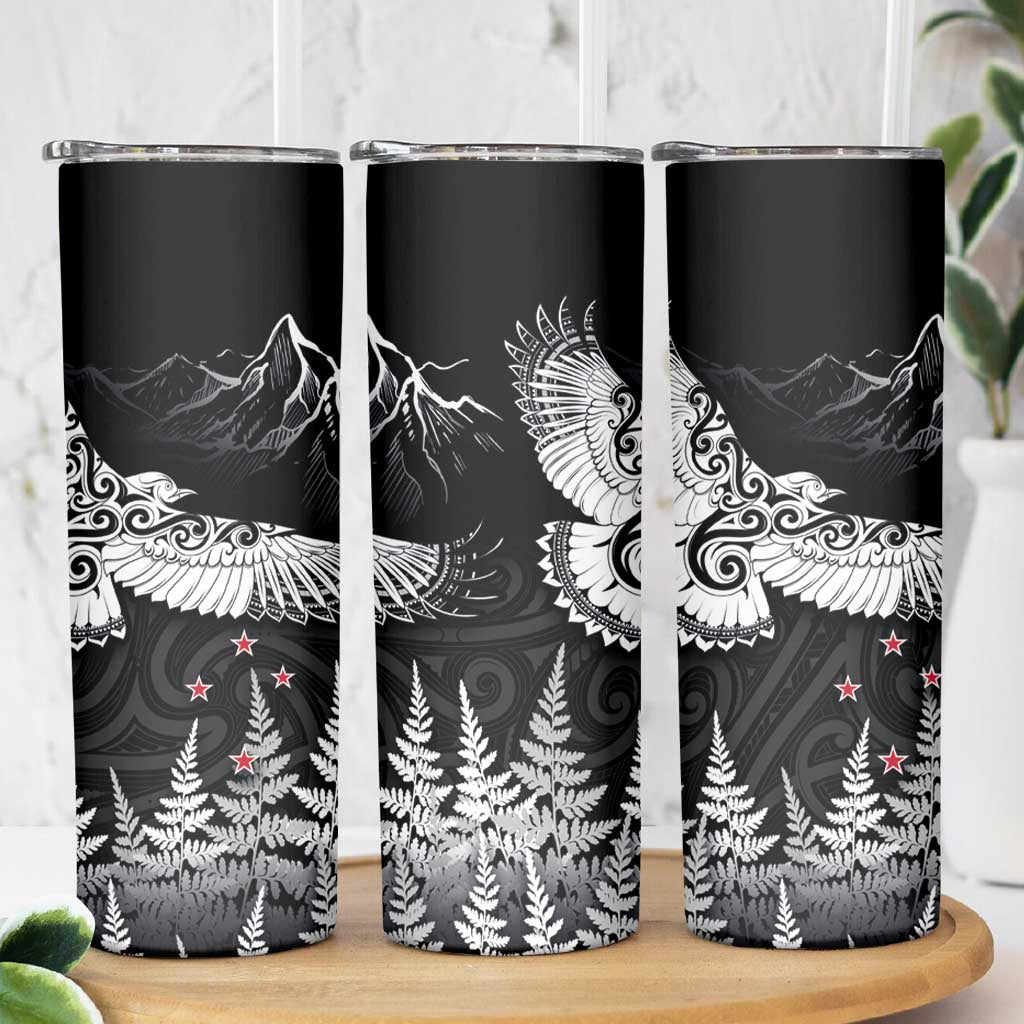 New Zealand Kea Bird Skinny Tumbler Maori Tattoo and Silver Fern Black Color LT03 - Polynesian Pride