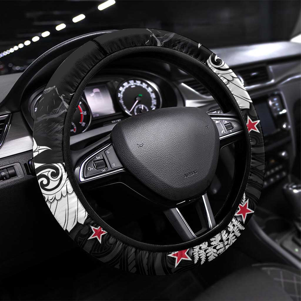 New Zealand Kea Bird Steering Wheel Cover Maori Tattoo and Silver Fern Black Color LT03 Universal Fit Black - Polynesian Pride