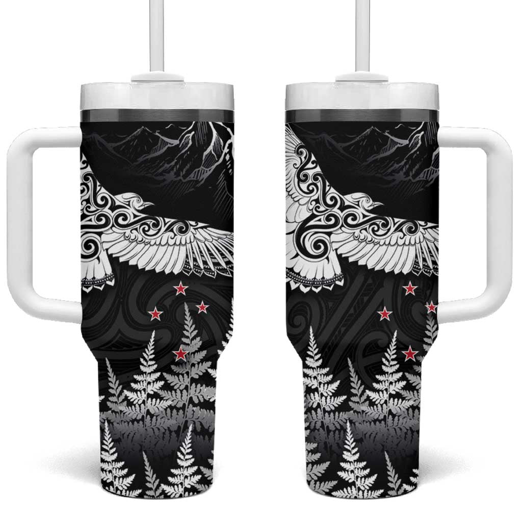 New Zealand Kea Bird Tumbler With Handle Maori Tattoo and Silver Fern Black Color LT03 One Size: 40 oz Black - Polynesian Pride