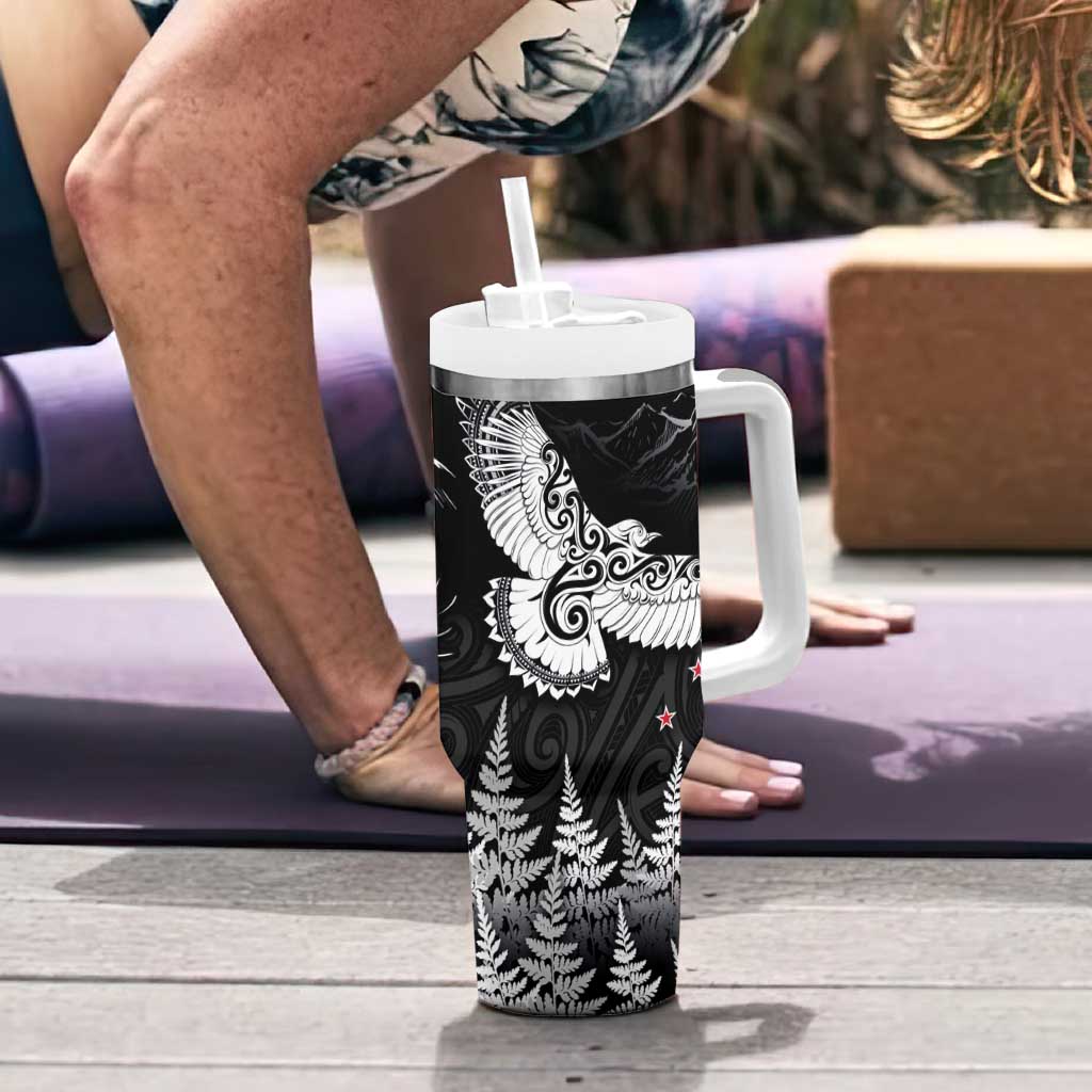 New Zealand Kea Bird Tumbler With Handle Maori Tattoo and Silver Fern Black Color LT03 - Polynesian Pride