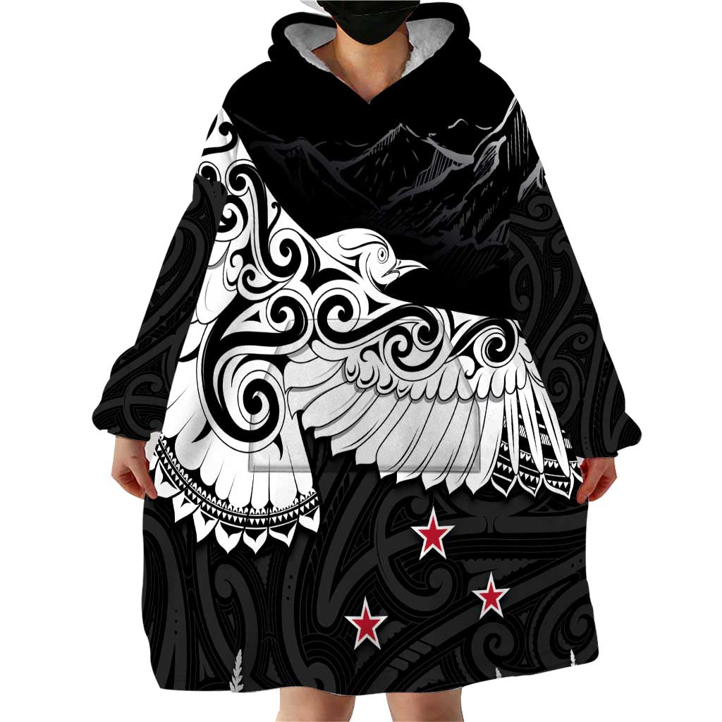 New Zealand Kea Bird Wearable Blanket Hoodie Maori Tattoo and Silver Fern Black Color LT03 - Polynesian Pride