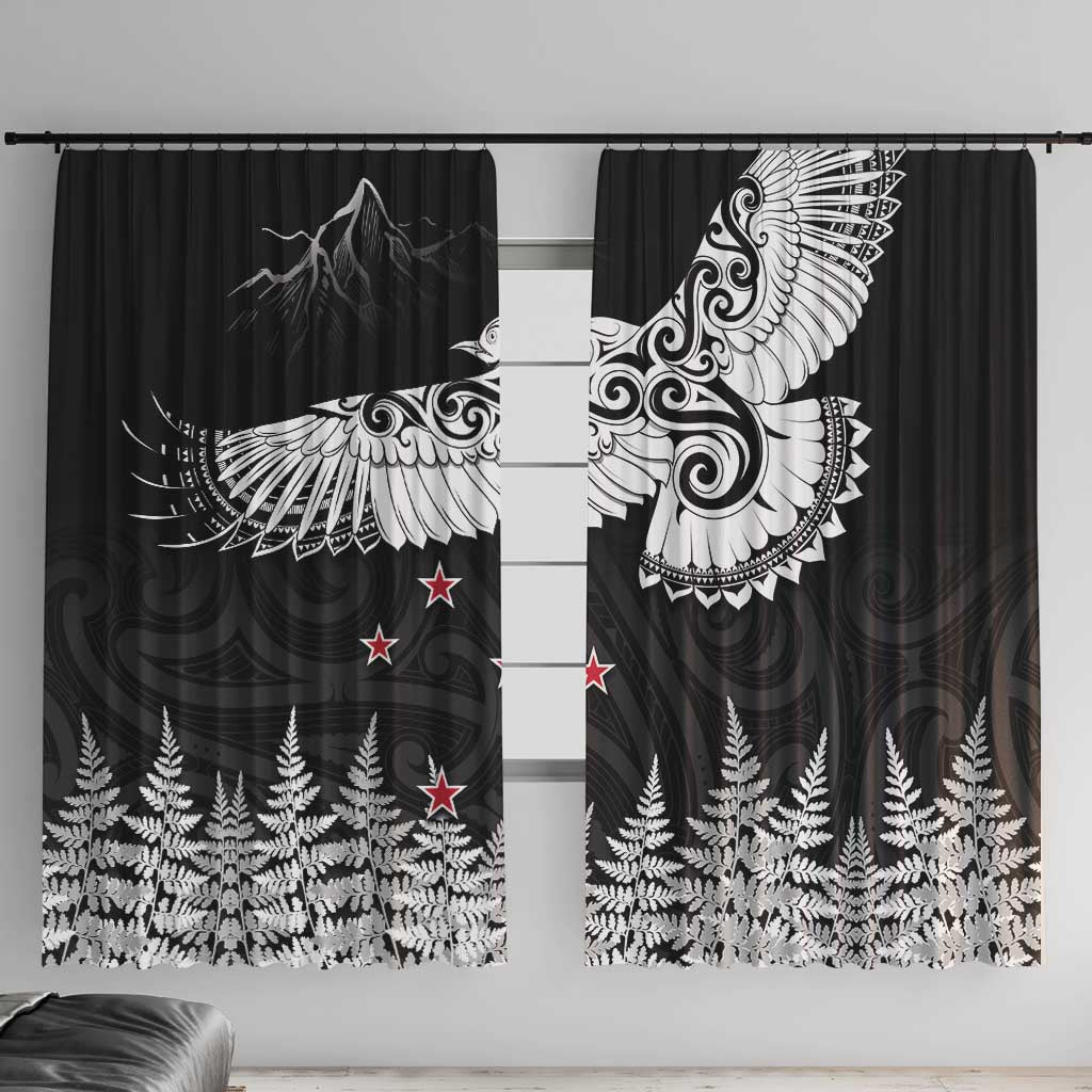 New Zealand Kea Bird Window Curtain Maori Tattoo and Silver Fern Black Color LT03 With Hooks Black - Polynesian Pride