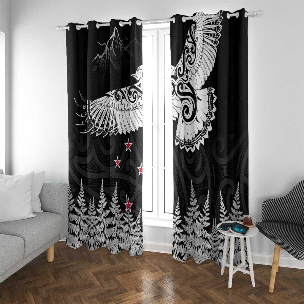 New Zealand Kea Bird Window Curtain Maori Tattoo and Silver Fern Black Color LT03 With Grommets Black - Polynesian Pride