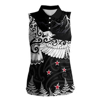 New Zealand Kea Bird Women Sleeveless Polo Shirt Maori Tattoo and Silver Fern Black Color LT03 Female Black - Polynesian Pride