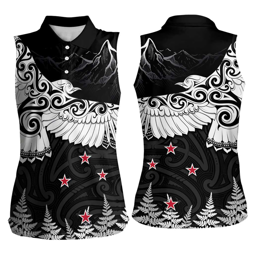 New Zealand Kea Bird Women Sleeveless Polo Shirt Maori Tattoo and Silver Fern Black Color LT03 - Polynesian Pride