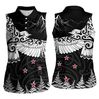 New Zealand Kea Bird Women Sleeveless Polo Shirt Maori Tattoo and Silver Fern Black Color LT03 - Polynesian Pride
