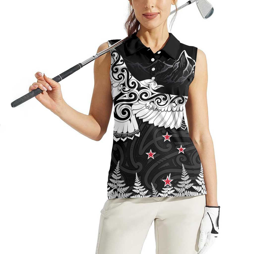 New Zealand Kea Bird Women Sleeveless Polo Shirt Maori Tattoo and Silver Fern Black Color LT03 - Polynesian Pride