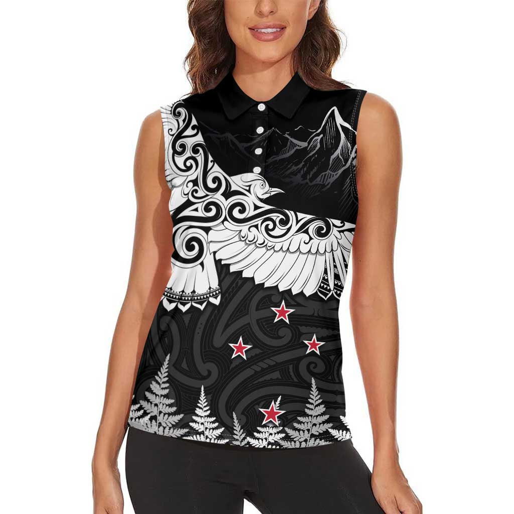 New Zealand Kea Bird Women Sleeveless Polo Shirt Maori Tattoo and Silver Fern Black Color LT03 - Polynesian Pride