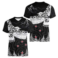 New Zealand Kea Bird Women V-Neck T-Shirt Maori Tattoo and Silver Fern Black Color LT03 - Polynesian Pride
