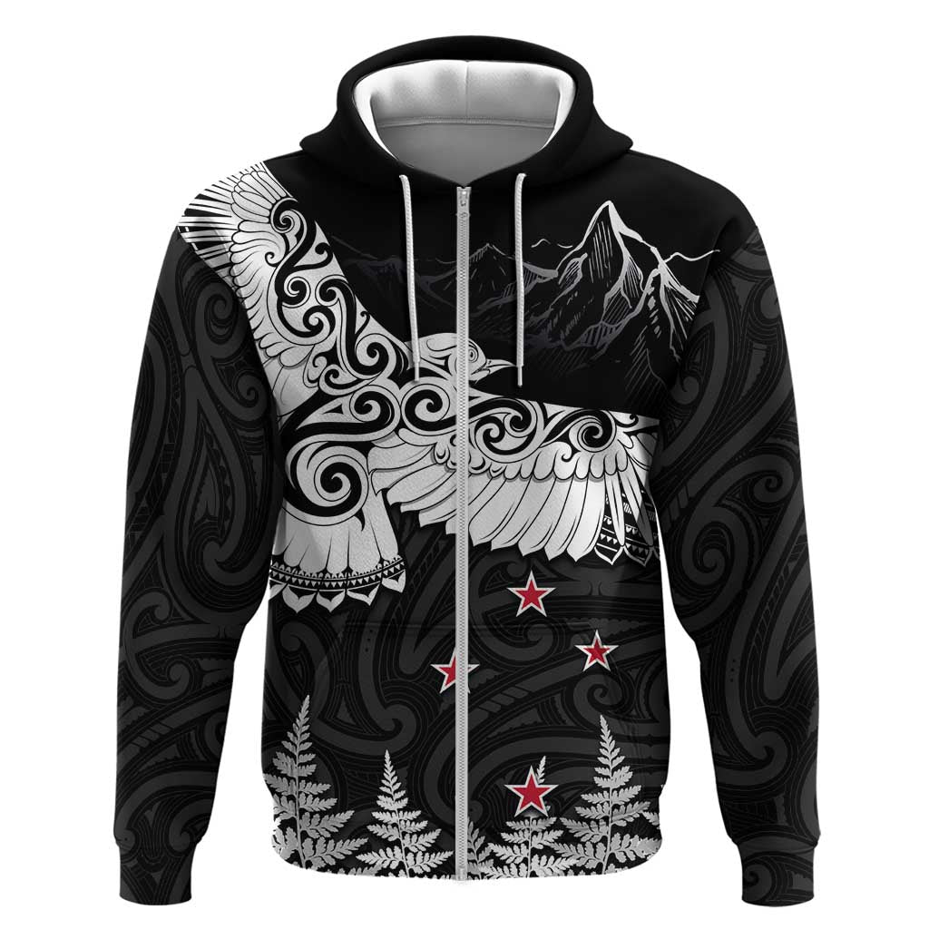 New Zealand Kea Bird Zip Hoodie Maori Tattoo and Silver Fern Black Color LT03 Zip Hoodie Black - Polynesian Pride