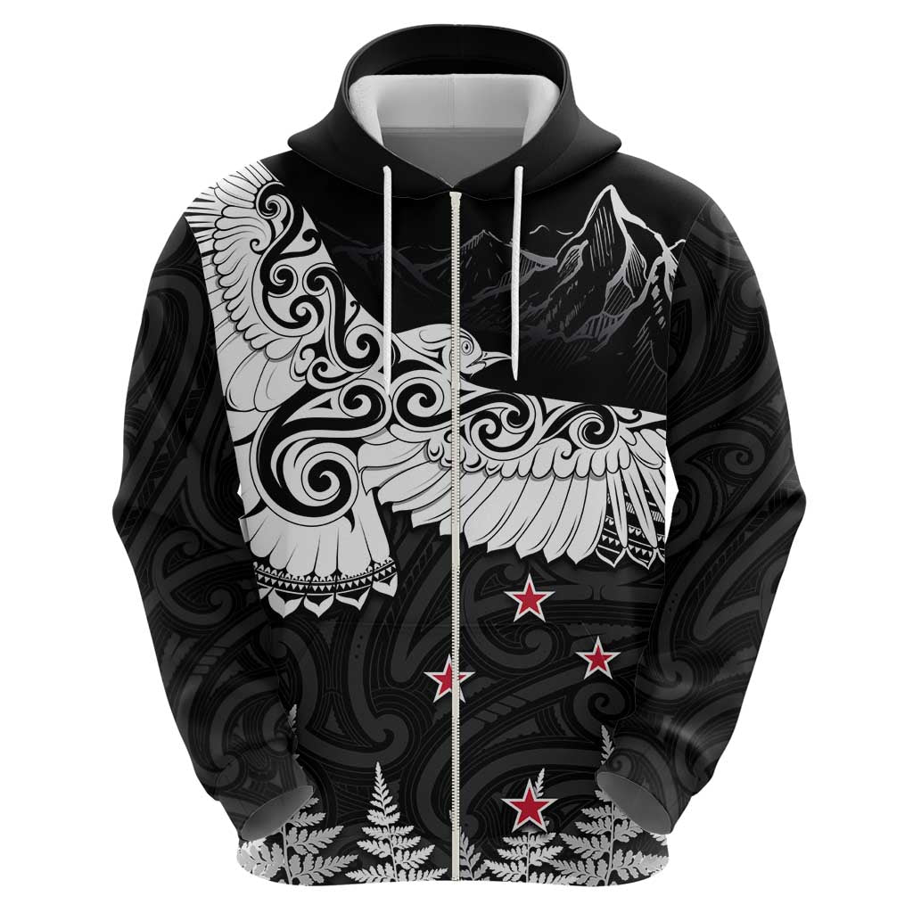 New Zealand Kea Bird Zip Hoodie Maori Tattoo and Silver Fern Black Color LT03 - Polynesian Pride