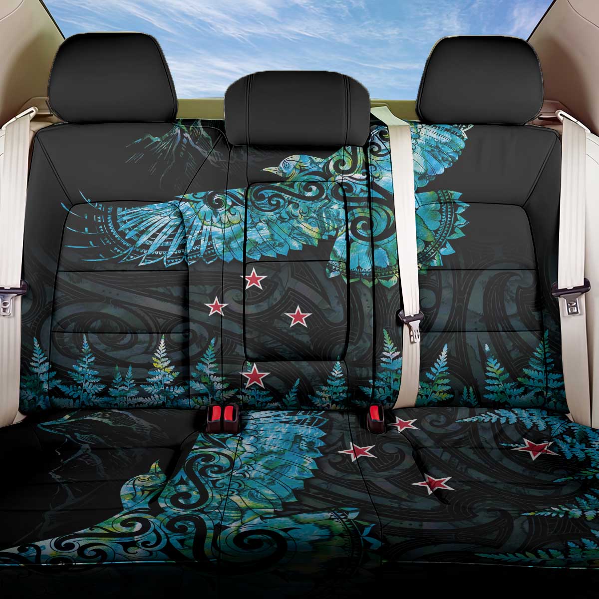 New Zealand Kea Bird Back Car Seat Cover Maori Tattoo and Silver Fern Paua Shell Style LT03 One Size Black - Polynesian Pride