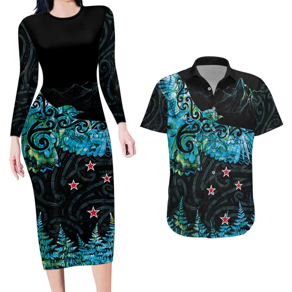 New Zealand Kea Bird Couples Matching Long Sleeve Bodycon Dress and Hawaiian Shirt Maori Tattoo and Silver Fern Paua Shell Style LT03 Black - Polynesian Pride